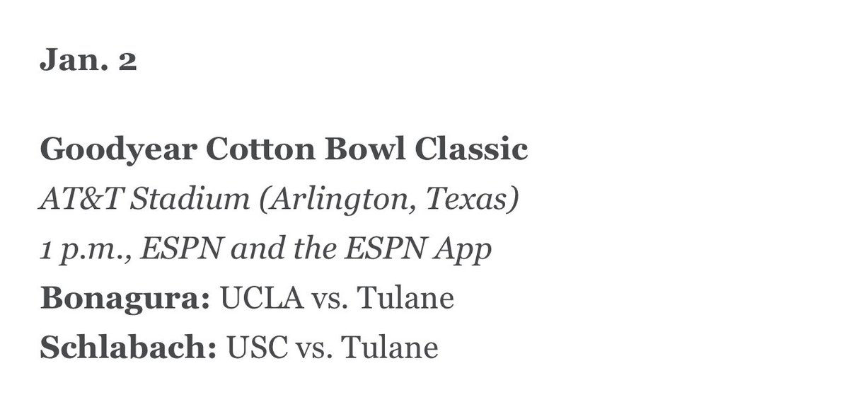 The latest bowl projections almost made me black out. UCLA-Tulane cannot be allowed to happen. The combined uniform aesthetics would be too gorgeous. It would throw Earth off its axis. espn.com/college-footba…