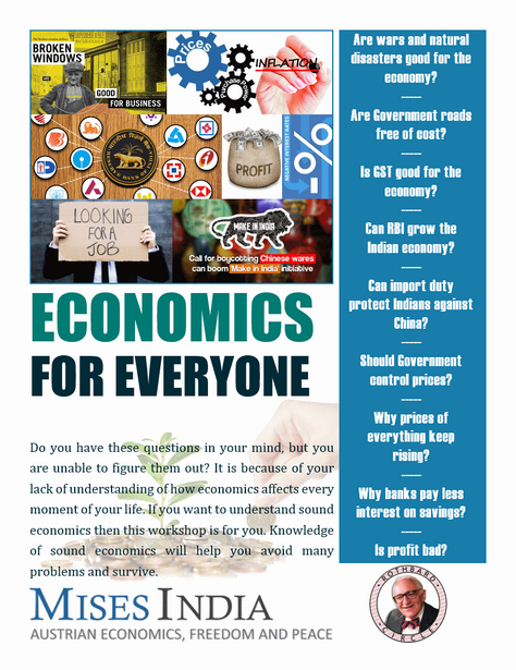 MisesIndia's tweet photo. We are glad to announce a 1 day workshop Economics for Everyone to be held on Sunday, 27th November, 2022. This workshop is for all the citizens who wish to learn sound economics so that they can understand what is happening in the Indian economy, politics and society. https://t.co/exUTap7sYq