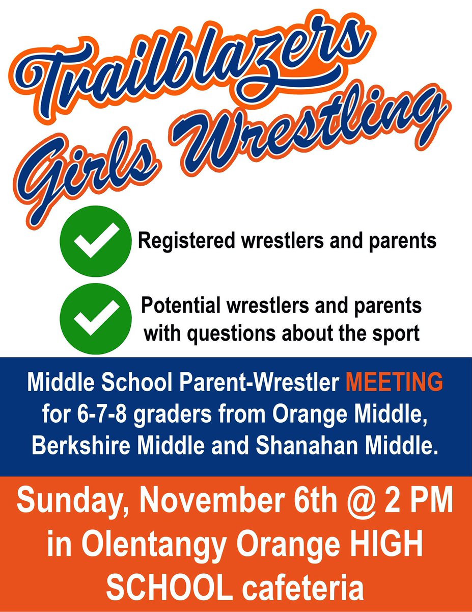 Orange Pioneer Girls Wrestling (@oohsgirlswrest) on Twitter photo 🚨 MEETING ALERT 🚨 Girls Middle School meeting next Sunday! For registered girls AND anyone interested in signing up that needs more info! 16 girls signed up so far, join us to be part of something great. <a href="/OswaltVanessa/">Vanessa Oswalt</a> @OOMSathletics <a href="/Sentinels_pin/">Olentangy Berkshire Wrestling</a> #FightForOhio 🚨 MEETING ALERT 🚨 Girls Middle School meeting next Sunday! For registered girls AND anyone interested in signing up that needs more info! 16 girls signed up so far, join us to be part of something great. <a href="/OswaltVanessa/">Vanessa Oswalt</a> @OOMSathletics <a href="/Sentinels_pin/">Olentangy Berkshire Wrestling</a> #FightForOhio