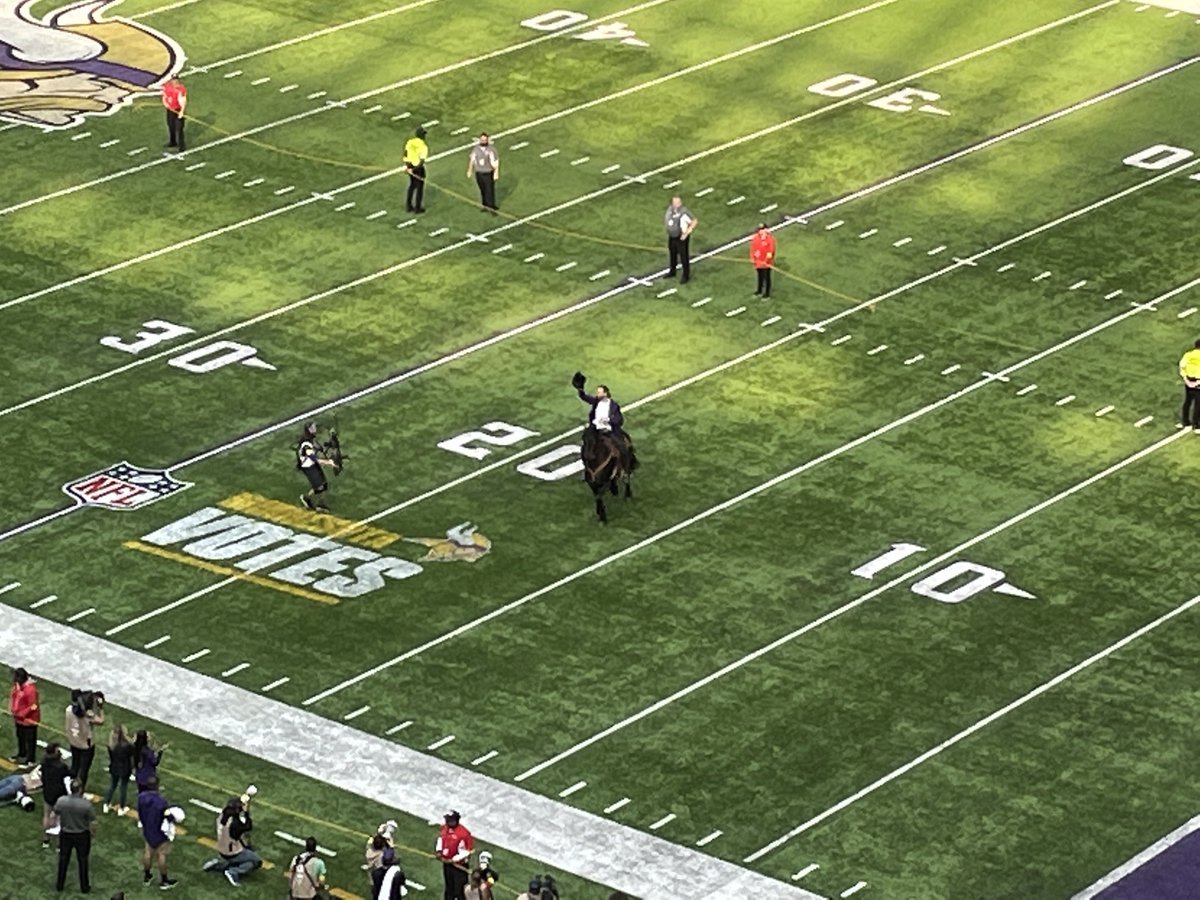 Meanwhile this is happening at halftime.

Jared Allen just rode a horse onto the field for his Ring of Honor induction ceremony.