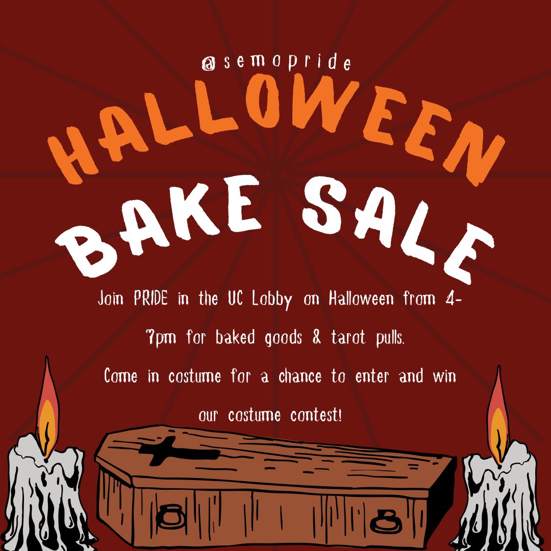 dig out an old tutu, set your face, and scrounge up some change!! semo pride is holding a bake sale tomorrow in the uc from 4-7pm to raise funds for future club activities!! come in costume for a chance to enter and win our costume contest!!