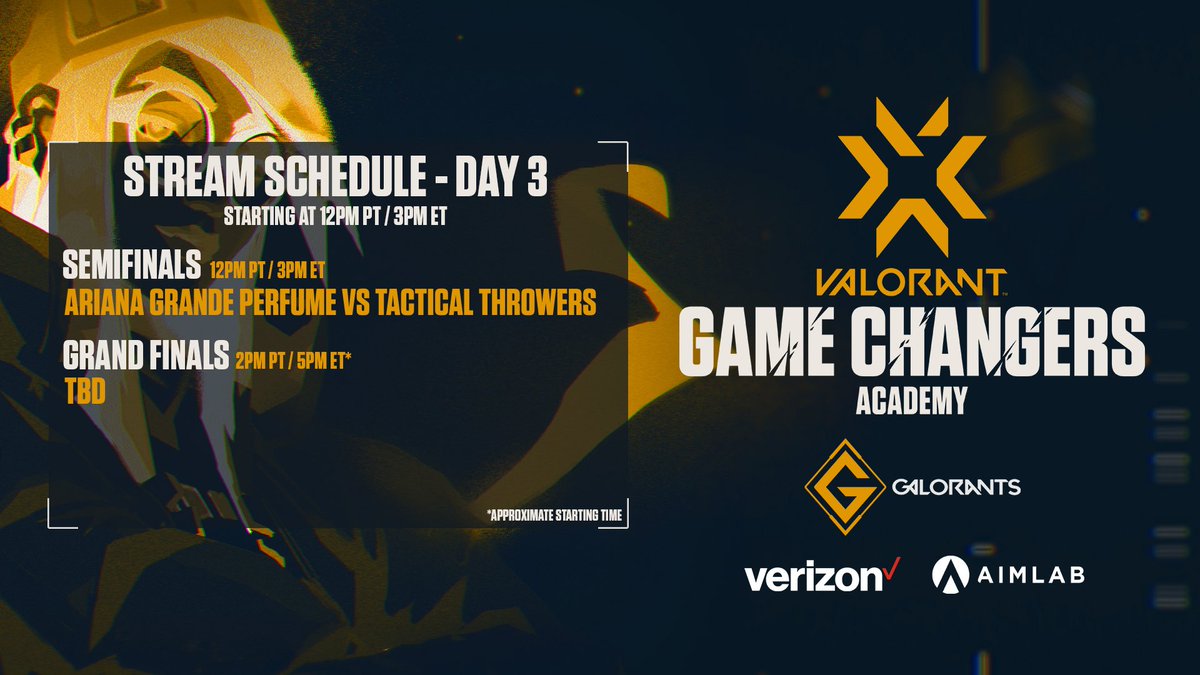 Galorants's tweet photo. Tune in to our final day of #VCTGameChangers Academy — who will be crowned as this month’s champion? 🏆

🔷 SEMIFINALS
🔶 @perfumeval ⚔️ @TacThrowVal

🔷 GRAND FINALS
🔶 TBD

🔴 LIVE SOON // 12PM PT
⚔️ https://t.co/CaK8HAfI8Q
📺 https://t.co/HTyKYrWR8R https://t.co/zAZ6dz0mxh