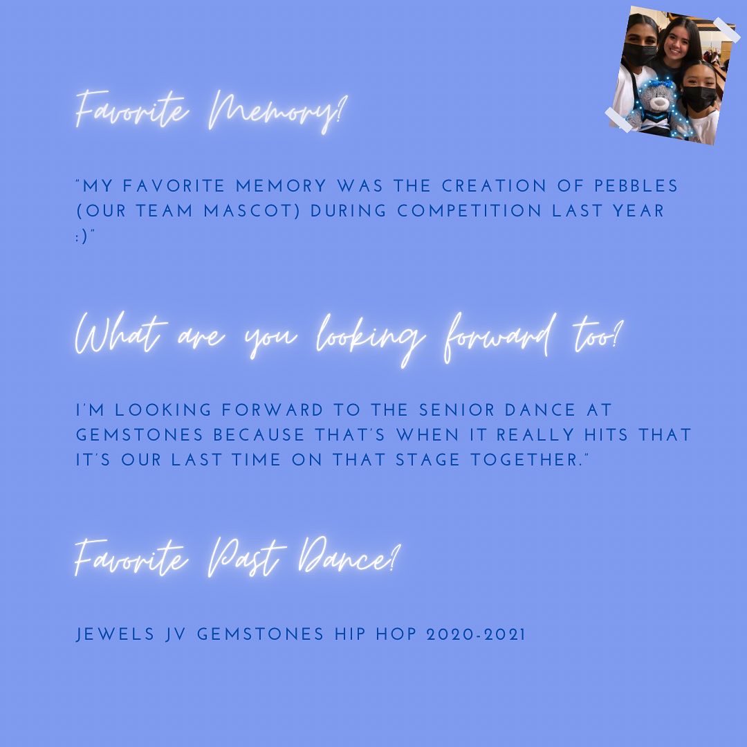 ✨SENIOR NIGHT SPOTLIGHT✨ number five as we countdown to senior night goes to sapphire Giselle Oropeza! She has been apart of the dance program for three years serving two years as a Gem. We love you so much and hope your senior year is outstanding! 💙✨