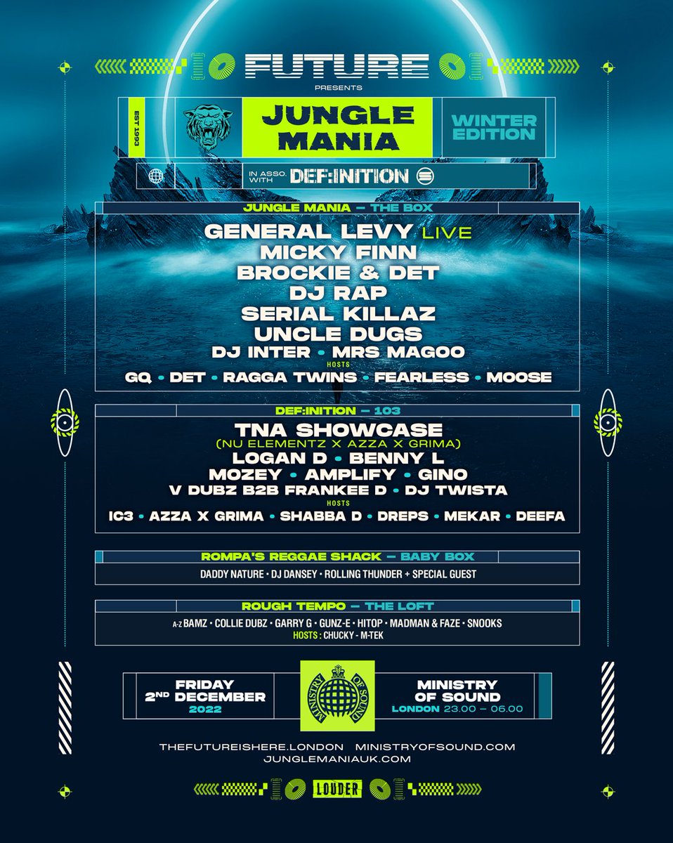 We join @thefutureldn alongside @junglemaniauk on Friday 2nd December at the @Ministry_Club with hosting the #DNB arena @MrAzzaDnB @Grima_MC @NuElementz @InterDefinition @LoganD1983 @bennyl_dnb @Amplifydnb @Ginodnb @V_Dubz_DJ @Elmatador3 @shabbadan Tix definitiondnb.com