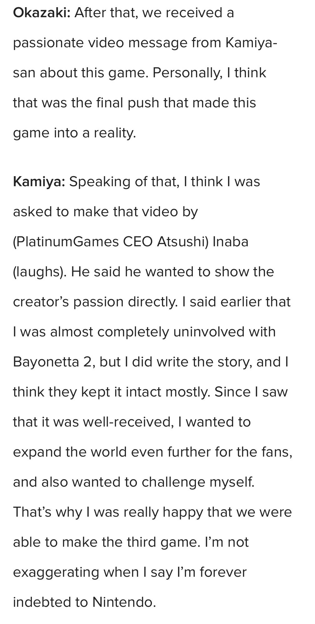 Kamiya says he's forever indebted to Nintendo for Bayonetta 3