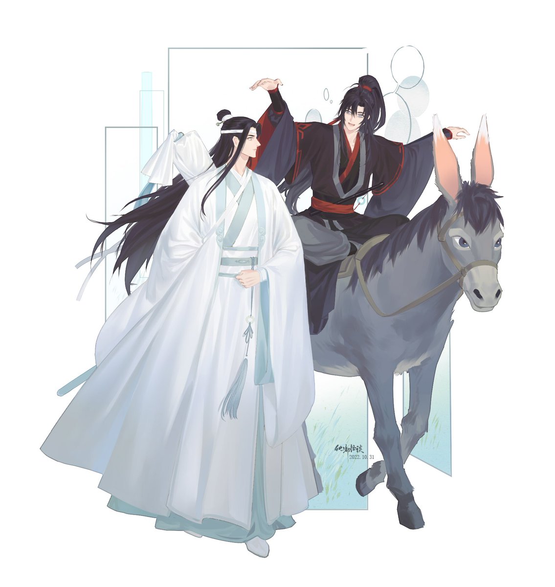 white headband chinese clothes 2boys long hair multiple boys hanfu robe  illustration images