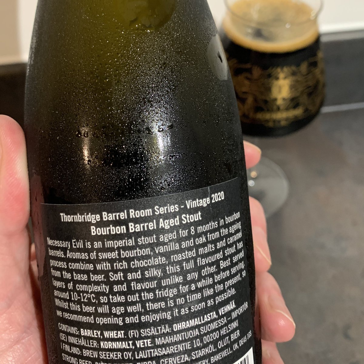 BeerOClockShow's tweet photo. // #CellarSunday // 30 Oct 22
@thornbridge Necessary Evil (2020)
Seemed apt for tonight, smooth boozy vanilla caramel, with a big warming finish #NSFW https://t.co/IiNHtGl0xZ