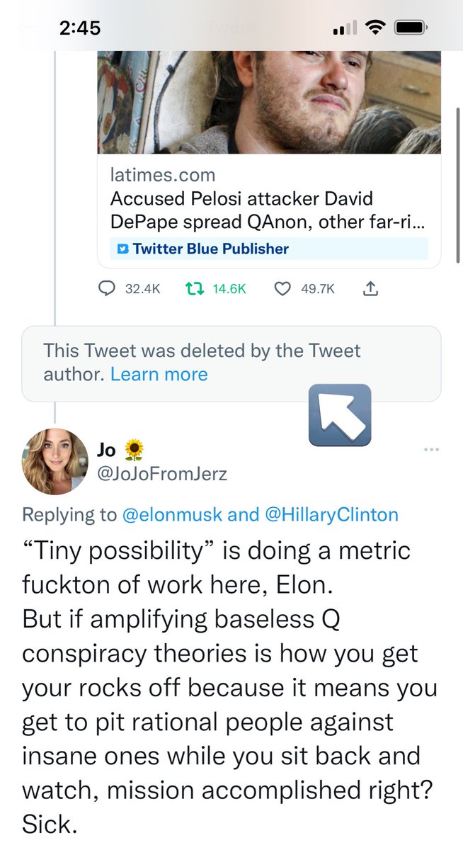 So Mr. “Free Speech” deleted his Q conspiracy theory tweet without a single word, huh?
What a cowardly fiddling fraud.
