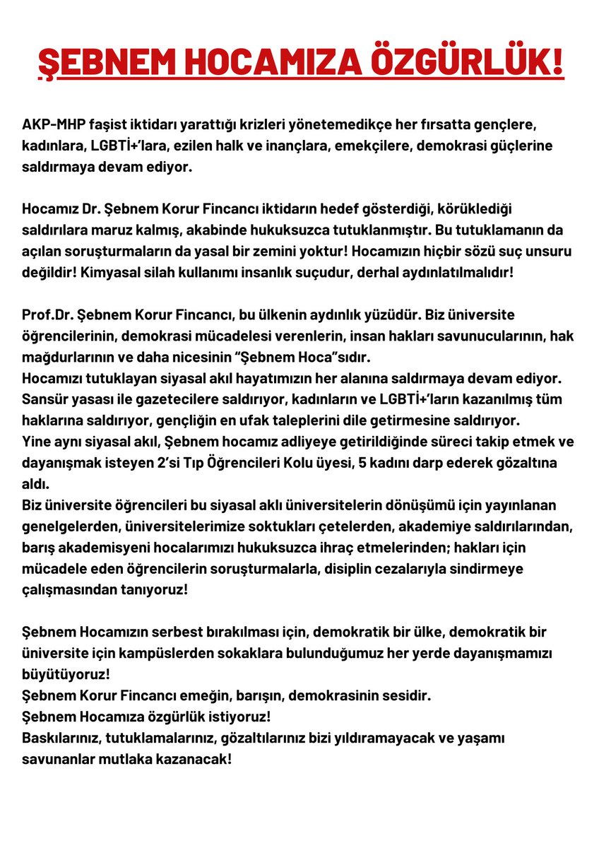 ttbtok's tweet photo. Gençliğin çağrısıdır: “ŞEBNEM HOCAMIZA ÖZGÜRLÜK!”

Şebnem Hocamızın serbest bırakılması için, demokratik bir ülke, demokratik bir üniversite için kampüslerden sokaklara bulunduğumuz her yerde dayanışmamızı büyütüyoruz! https://t.co/8kSswLhGuc