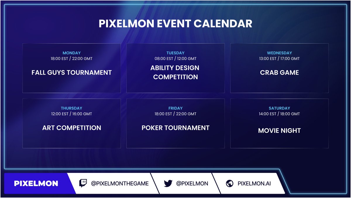 This weeks event schedule! 

Head over to The <a href="/Pixelmon/">Pixelmon 🔺</a> discord to find out more on our events, our in-discord economy and how you can win prizes!

Which event is everyone looking forward to? 👇