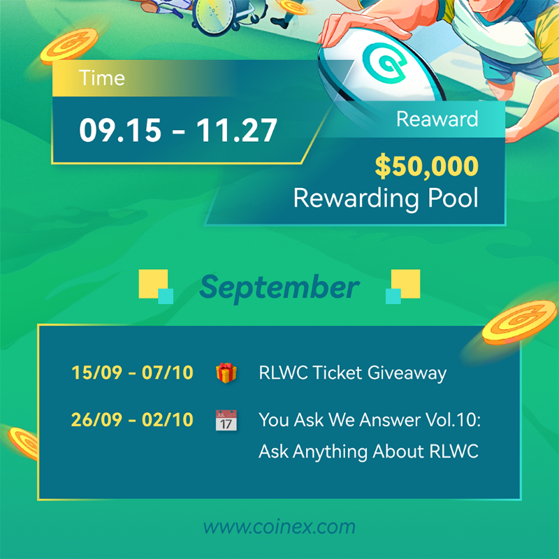 coinexcom's tweet photo. 🚀 CoinEx &amp; RLWC Campaign Timeline

CoinEx &amp; RLWC @RLWC2021 party game now is in full swing!

Join fast to share $50,000 rewarding pool! 🤩

Beyond your limits, CoinEx applauds every willing heart! 👏

Learn more 👉 https://t.co/gqUdCfwDf2

#CoinEx #CoinExRLWC #RLWC2021 #Giveaway