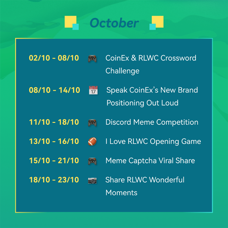 coinexcom's tweet photo. 🚀 CoinEx &amp; RLWC Campaign Timeline

CoinEx &amp; RLWC @RLWC2021 party game now is in full swing!

Join fast to share $50,000 rewarding pool! 🤩

Beyond your limits, CoinEx applauds every willing heart! 👏

Learn more 👉 https://t.co/gqUdCfwDf2

#CoinEx #CoinExRLWC #RLWC2021 #Giveaway