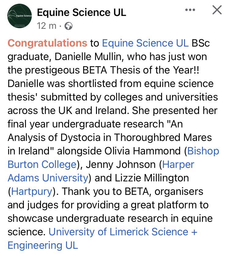 EquineScienceUL's tweet photo. Congratulations to Equine Science UL BSc graduate, Danielle Mullin, who has just won the prestigeous BETA Thesis of the Year. Well done to all the presenters 👏 @Hartpury @BishopBurton @HarperAdamsUni Thank you to @betaequestrian , organisers and judges @UL @sci_engUL @BioSci_UL https://t.co/QjJ2t8X72j