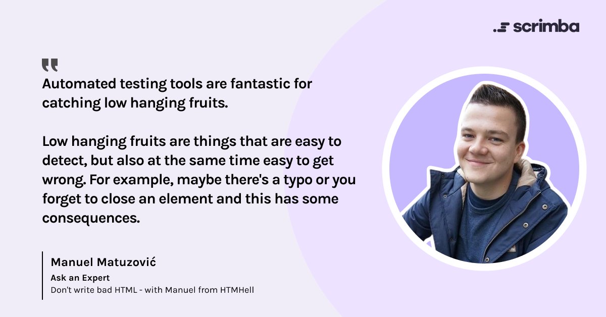 scrimba's tweet photo. Are you missing those low hanging fruits? 👀🍎🍊

If so, it may be impacting the accessibility of your website…

Low hanging fruits are things that are easy to detect, but at the same time are easy to get wrong. 💡

🔗 https://t.co/YA1xVscGIv @mmatuzo https://t.co/7Y8xm1QyUH