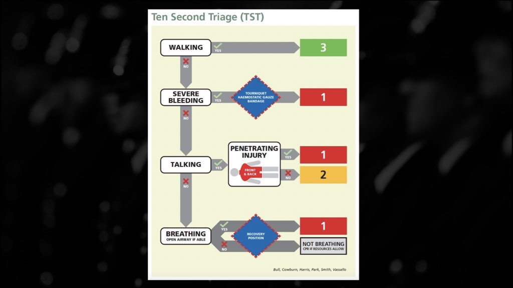 Lots of discussions regarding CPR in multiple casualties scenarios

Crush = Hypoxia
CPR and ventilation are the life saving intervention to these preventable deaths - those on the ground were doing the right thing

Rapid distribution of ‘dead’ tags helps no one in this situation