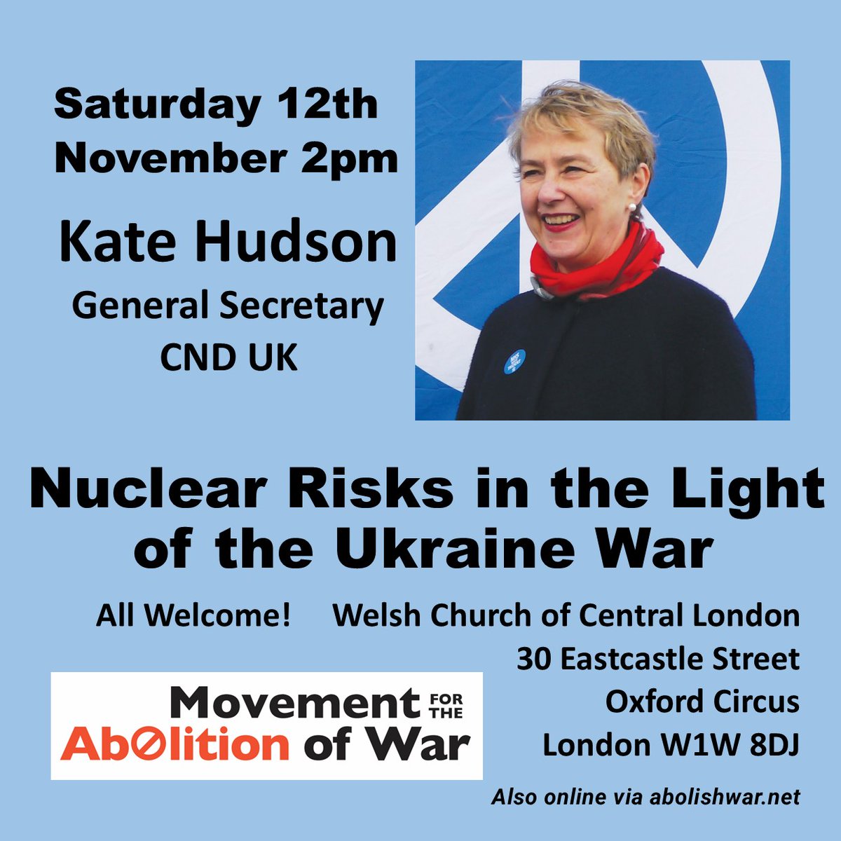 Delighted that the doughty @kate4peace2021 is finding time in her busy schedule to deliver our Annual Remembrance Lecture this year! Tickets for in-person or online attendance from eventbrite.co.uk/e/nuclear-risk… @CNDuk @peace_news @paxchristiEW @nuclearban