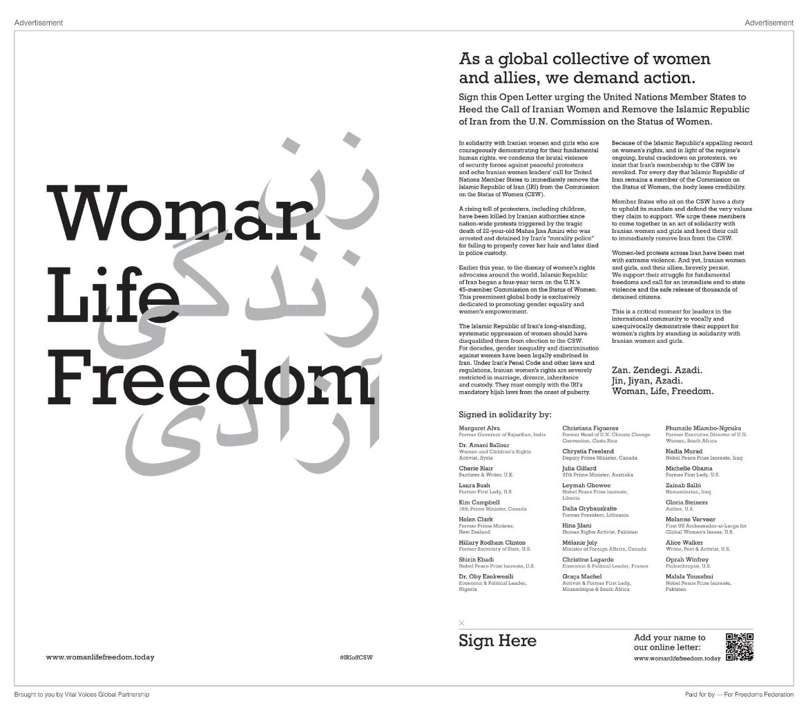 A group of women leaders, Noble Prize laureates, and activists from around the world including <a href="/MichelleObama/">Michelle Obama</a>, <a href="/Oprah/">Oprah Winfrey</a>, <a href="/Malala/">Malala Yousafzai</a>, <a href="/Lagarde/">Christine Lagarde</a> and <a href="/cafreeland/">Chrystia Freeland</a> have signed a petition that urges the UN to remove the Islamic Republic from its Commission on the Status of Women.