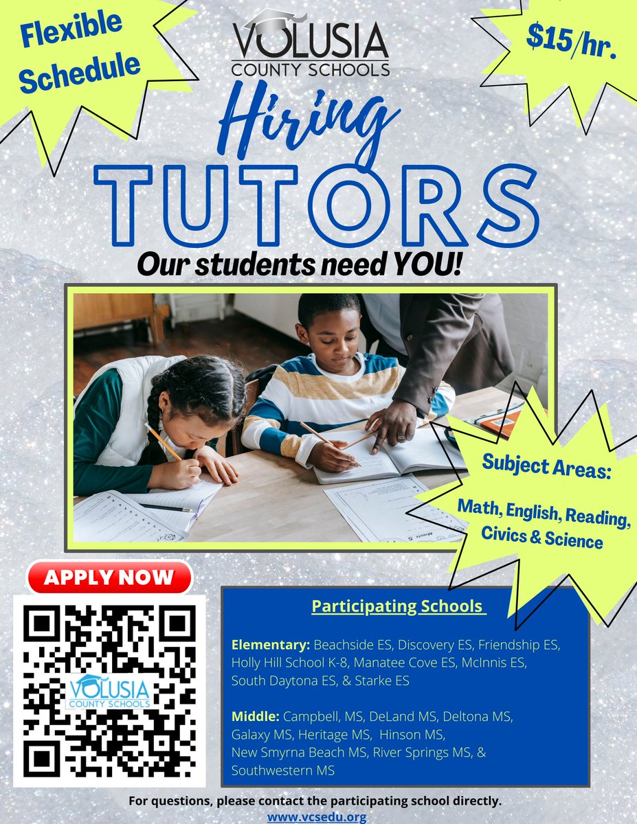 📝BE A TUTOR! - Make a positive impact on the lives of students, while maintaining a FLEXIBLE work schedule.📚 <a href="/volusiaschools/">Volusia County Schools</a> is #HIRING tutors to support classroom instruction. The participating schools are listed on the flyer ⬇️.<a href="/VCSElementary/">VCS Elementary C&I</a>

✅APPLY: bit.ly/VCSApplication…