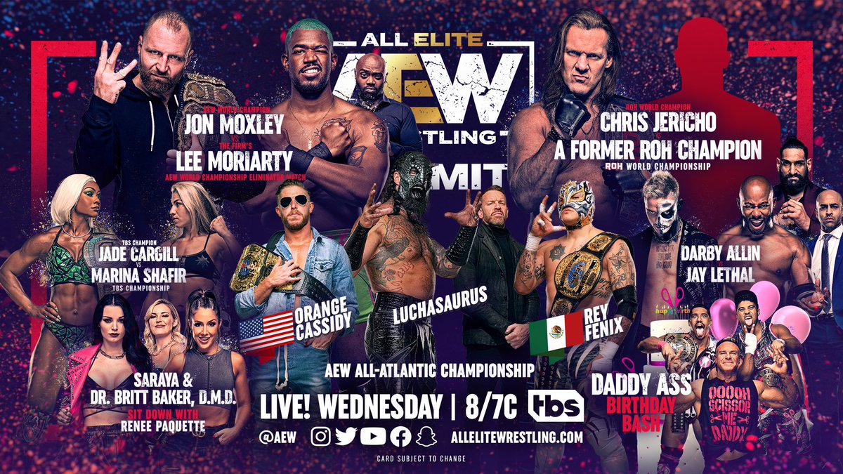 #AEWDynamite is THIS WEDNESDAY, LIVE from Baltimore, at 8pm ET/7pm CT on @TBSNetwork!