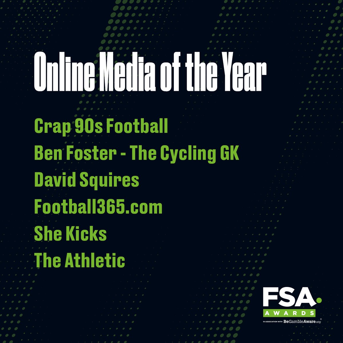 You've probably spent part of your lunchbreak on one of these - the best of football's rich online media. @Crap90sFootball @BenFoster @squires_david @F365 @SheKicksMag @TheAthleticFC Back your favourite in our awards vote before it's too late: thefsa.org.uk/news/fsa-award…