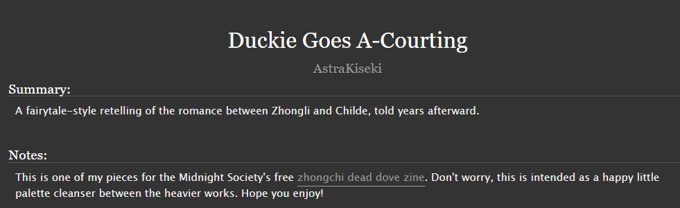 AstraKiseki's tweet photo. Surprise!  I wrote a thing for the @zcdeaddove zine!  Two things, but there's a fic collection on Ao3 and I've posted one of my works on it.

Mind the tags, and definitely remember it is part of a dead dove collection.  :D https://t.co/gD29VEhNza