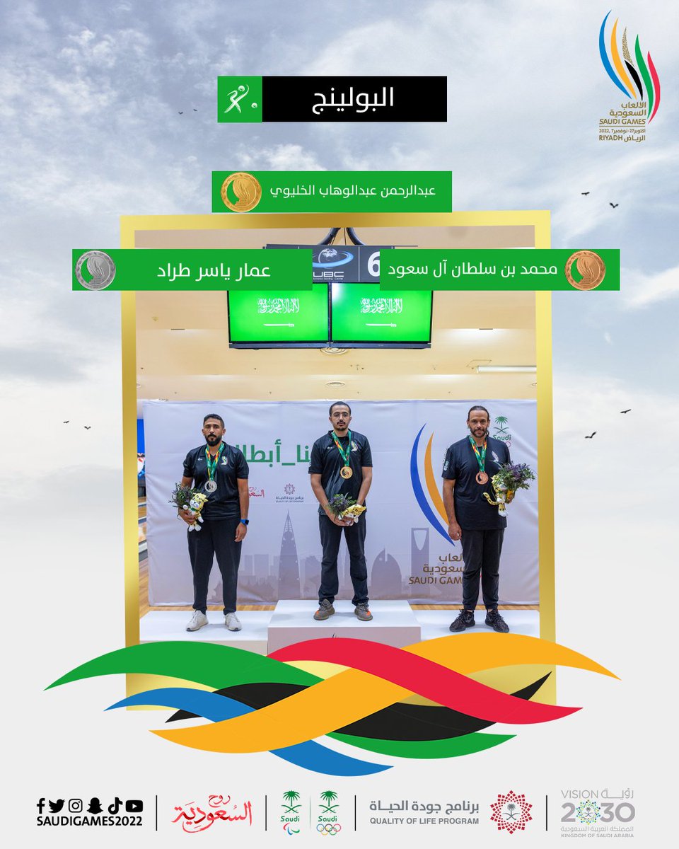 TheSaudiGames's tweet photo. الأبطال المتوّجون بالميداليات في منافسات #البولينج للرجال 🎳👏

عبدالرحمن عبدالوهاب الخليوي 🥇
عمار ياسر طراد 🥈
محمد بن سلطان آل سعود 🥉

#دورة_الألعاب_السعودية | #بيننا_أبطال https://t.co/JXTqkjh20a