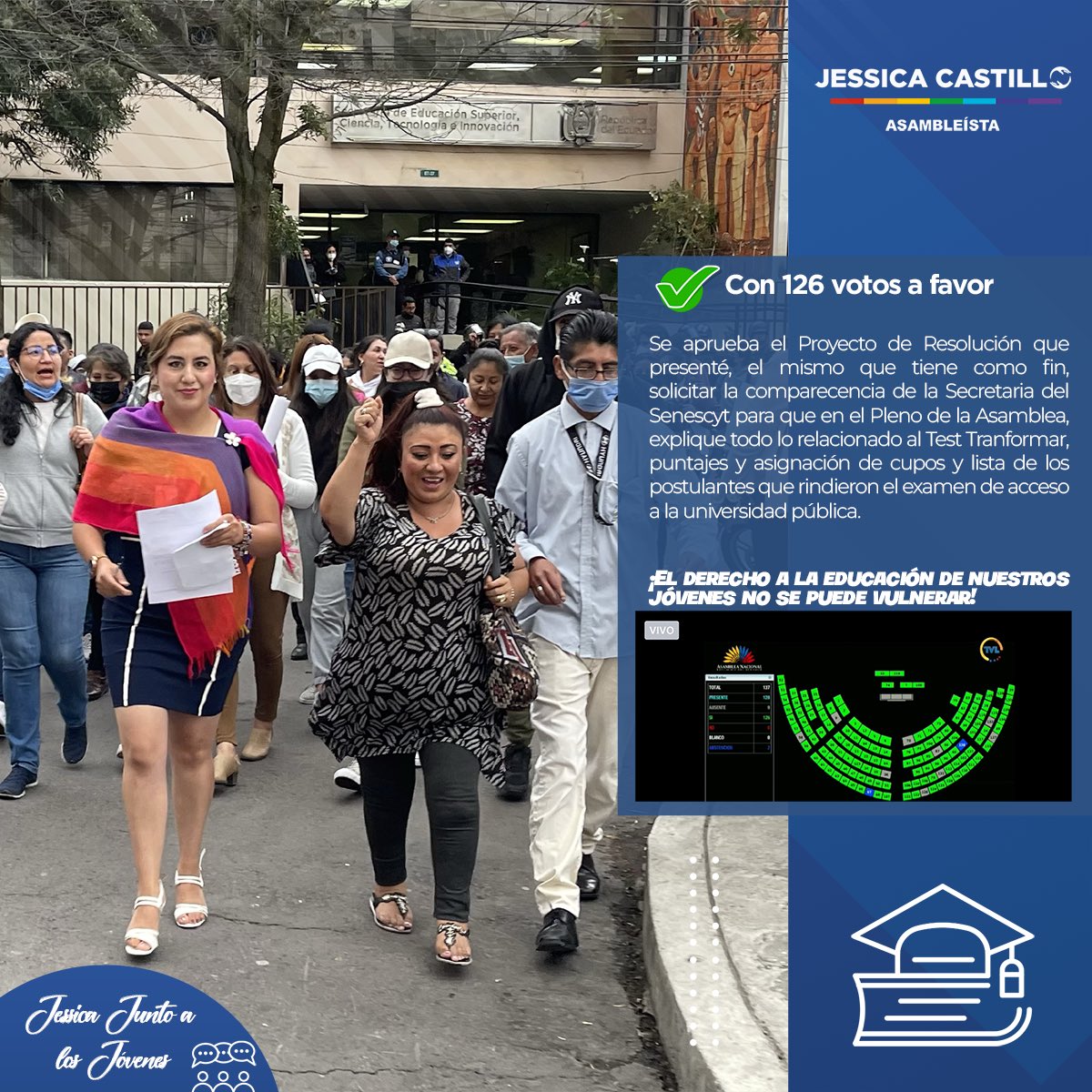 JessicaPk18's tweet photo. ¡Nuestros bachilleres no están solos! Su acceso a la educación no se puede vulnerar.

Con 126 votos, se aprobó el Proyecto de Resolución que presenté para que la secretaria del @senescyt comparezca ante el Pleno de la @AsambleaEcuador sobre todo lo relacionado al #TestTransformar https://t.co/urgmx4Ovfg