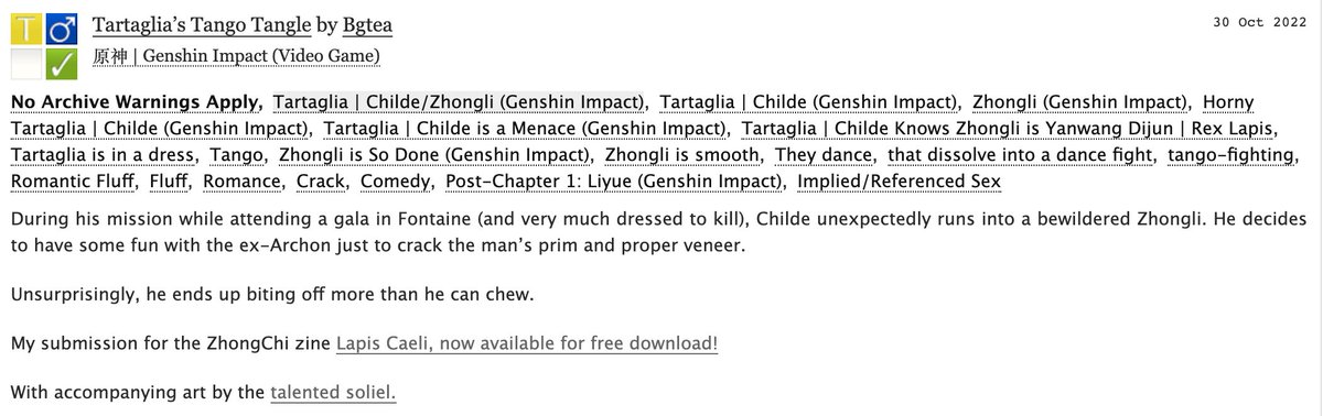 Special thanks to soliel for their wonderful art accompanying my fic for the <a href="/zcdeaddove/">Midnight Society | LAPIS CAELI - RELEASED</a> zine!

Here's the story I wrote ft. tango 🕺💃 that evolves into an actual fight b/c Childe is a brat who likes to rile Zhongli up 🤭

#zhongchi #bgteawrites

archiveofourown.org/works/42745194