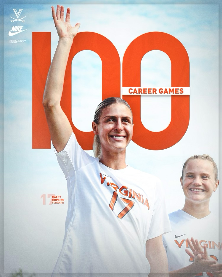 UVAWomenSoccer's tweet photo. With her start tonight, Haley Hopkins has now played in 💯 career games throughout her collegiate career.

#GoHoos🔶⚔️🔷 | #ALLIN⚽️🔥 https://t.co/vwH0xaLHM1