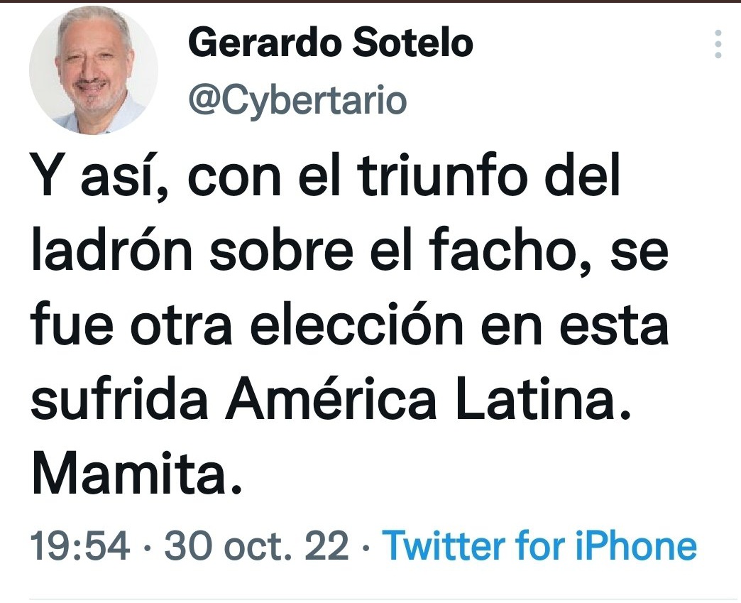 GBica1987's tweet photo. Presidentes de toda América saludan la victoria de Luiz Inácio Lula Da Silva.

Sorprende en la vecina República Oriental del Uruguay la publicación de Gerardo Sotelo, integrante del gobierno de Luis Lacalle Pou.

Muy bajo el nivel. https://t.co/D6vITjzUbb