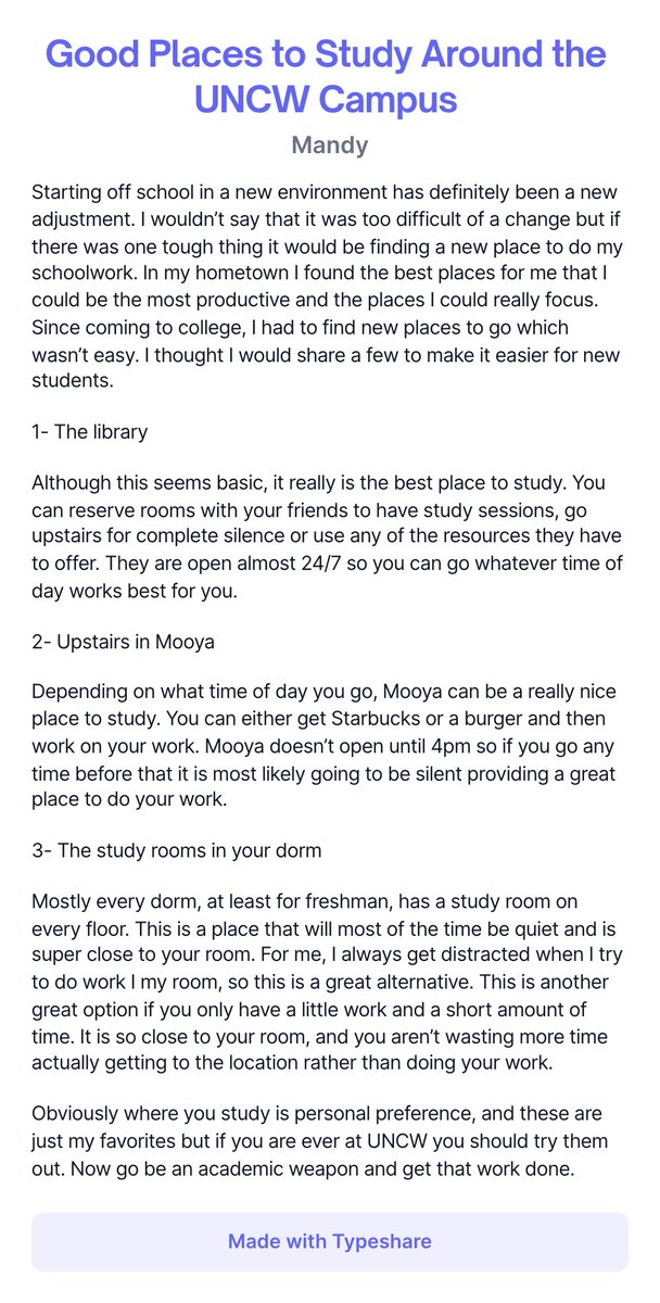 Mandy_eng101's tweet photo. Read the article below if you are curious about a. few of the best places to study around UNCW. https://t.co/GZwuNGfqHV