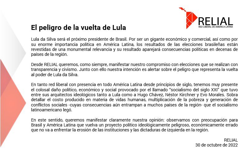 RELIALred's tweet photo. 🔴El peligro de la vuelta de Lula
#Relial sobre las elecciones en #Brasil Lee aquí ➡️https://t.co/XG4WX7yyfI https://t.co/aUJM1e2y9P