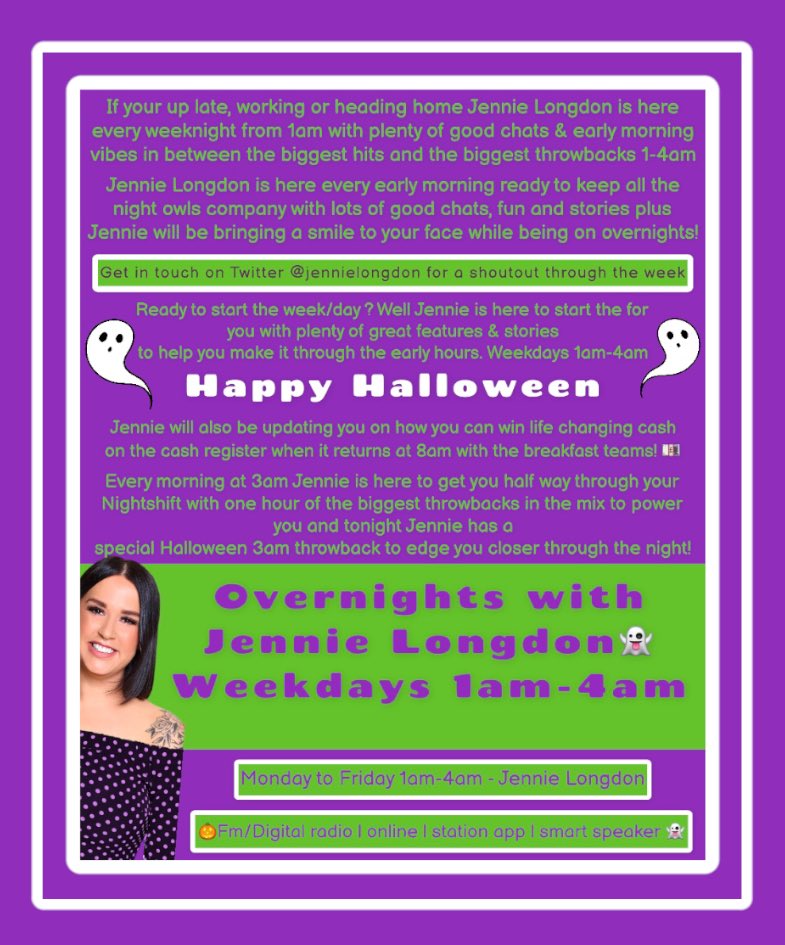 Monday 31st October…

On the night shift? Can’t sleep? Out in the car? heading home ?

<a href="/JennieLongdon/">Jennie Longdon</a> is with you every weekday from 1am-4am with the biggest hits and the biggest throwbacks through the night…

🎃The 3am Halloween Throwback