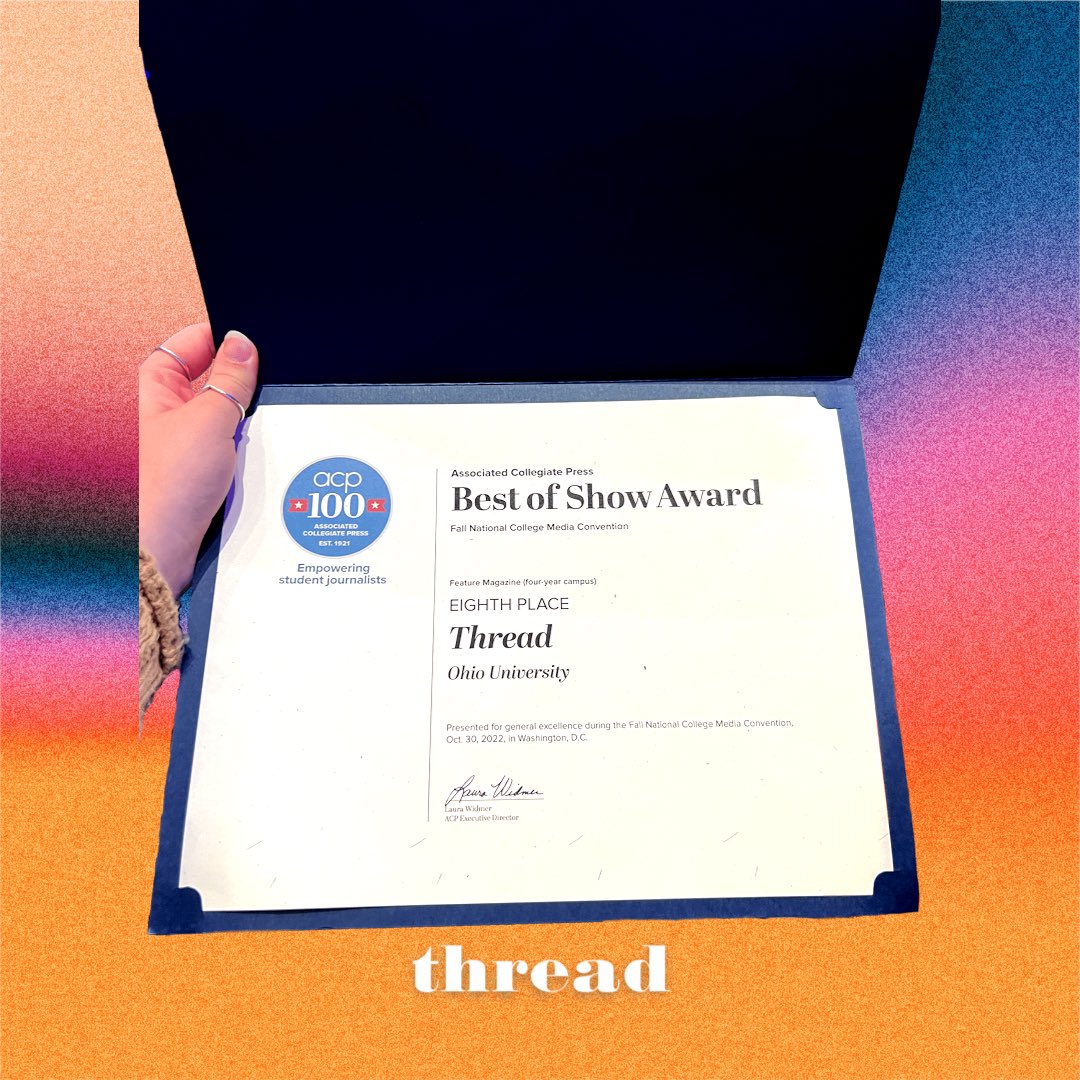 Life update: Thread is an award-winning publication 🎉

Thread is so excited to earn a Best of Show Award (feature magazine, four-year campus) from <a href="/acpress/">Associated Collegiate Press</a> at #MediaFest22 💜 

<a href="/collegemedia/">College Media Association</a> #CollegeMedia22