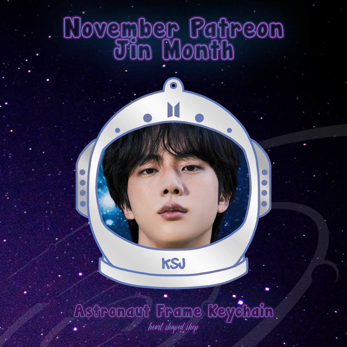 heartshapedshp's tweet photo. Tomorrow is the last day to join my Patreon and receive this Jin Astronaut frame keychain! It will be holo ✨ and include Jin pics to swap out! I will keep him with me always 🥹🥹 https://t.co/SnoQApyCXy