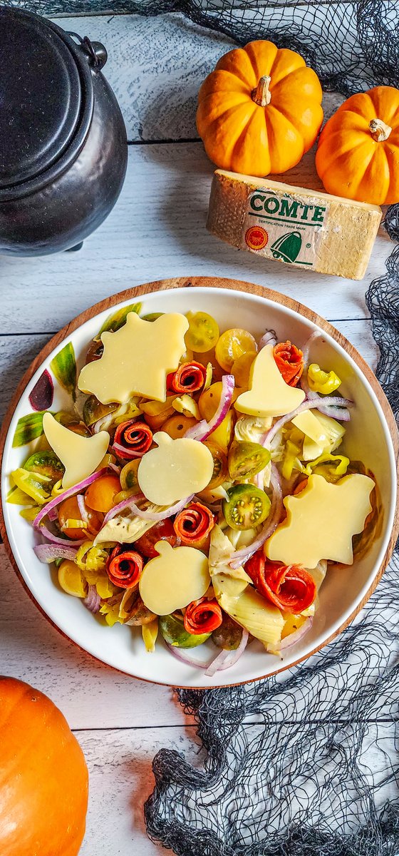 What's fun to create and even more delicious to devour! 
Creepy Comté Antipasto Salad!! Complete with Comté Halloween cutouts!  Thanks to @korverfarms for this scary good idea!👻
Hit our link to for more easy boards and recipes! #comté #comtecheese #iloveimportedcheese