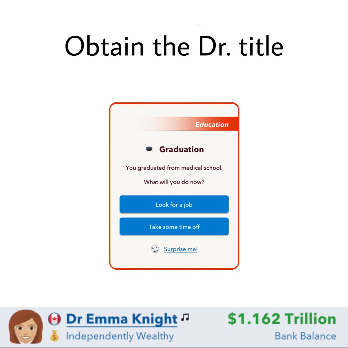 kaiswift13's tweet photo. Medical Expansion Concept: Part 1! 🚑 (featuring @bit_concept5)

- Select a specialization after finishing Med school 🥼
- New Special Career, expanded tab options 💼⚙️
- Obtain Dr. title 🦠
- Research a cure 🧪

Make sure to ❤️, 🔁 and tag @BitLifeApp!

Stay tuned for part 2! https://t.co/nmOB6qGqj2