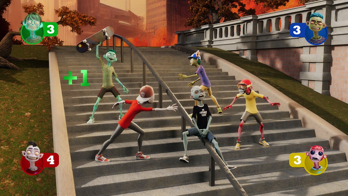 The aim is to steal the skaters’ skateboards 🛹 before they finish going down the ramp. Two Freakzz are placed on the top of the set of stairs and two are at the bottom. The player who steals the most skateboards wins the game. 🏆