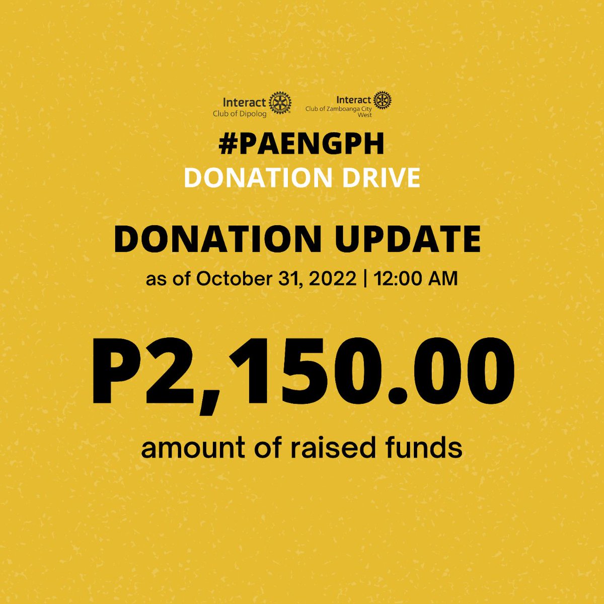 IACDipolog's tweet photo. 𝗗𝗢𝗡𝗔𝗧𝗜𝗢𝗡 𝗨𝗣𝗗𝗔𝗧𝗘!

As of October 31, 2022 | 12 AM we have raised 𝗣𝟮,𝟭𝟱𝟬.𝟬𝟬 via our monetary donation channel https://t.co/leqn6mqprj