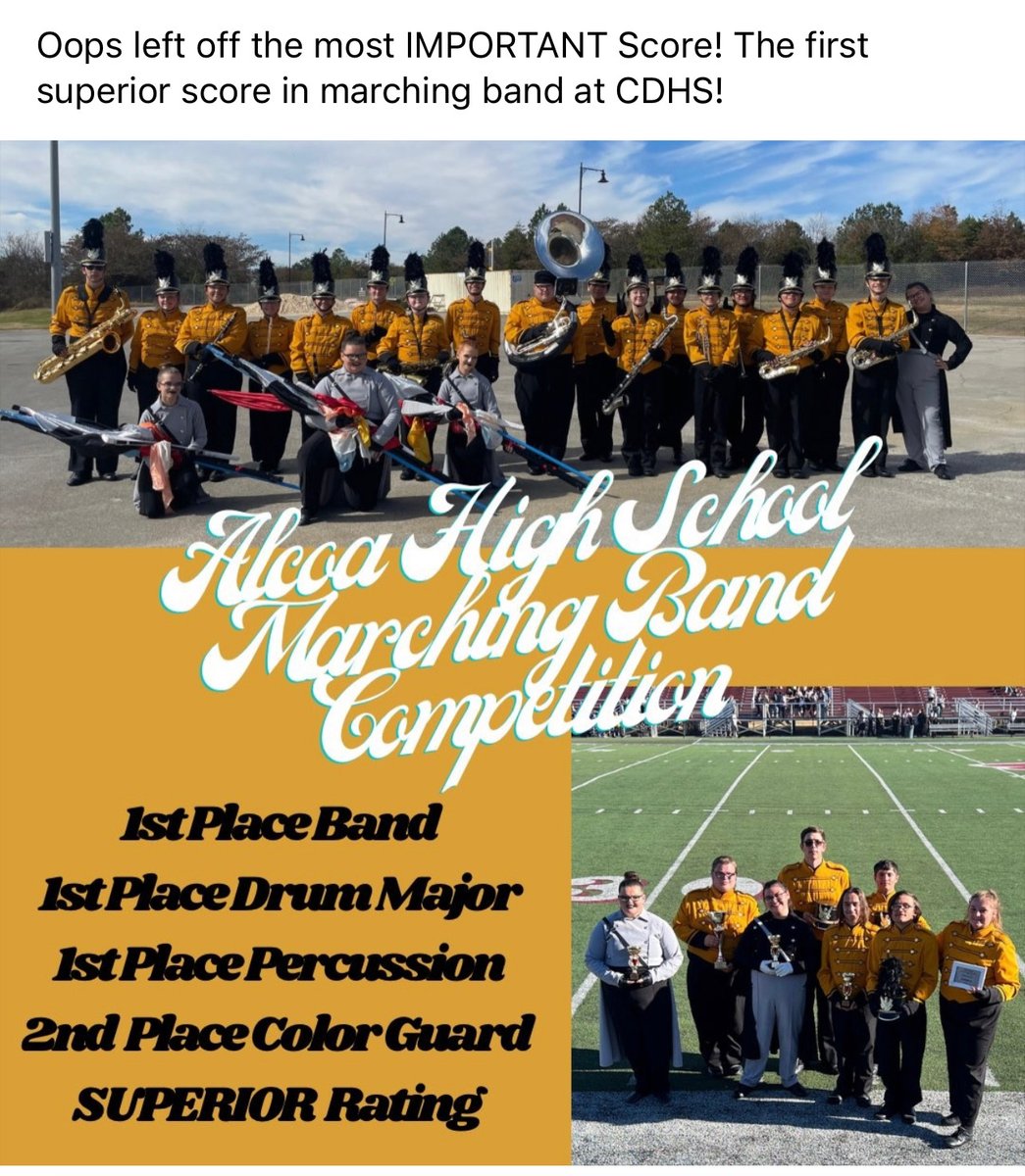 CDHS band made history over the weekend too. They competed against 6 bands in their class and won all categories. They also received a superior score; a first for CDHS. CDHS was the only band in thier class to receive a superior score. 🎼💛🖤🎼🎼🖤💛🎼