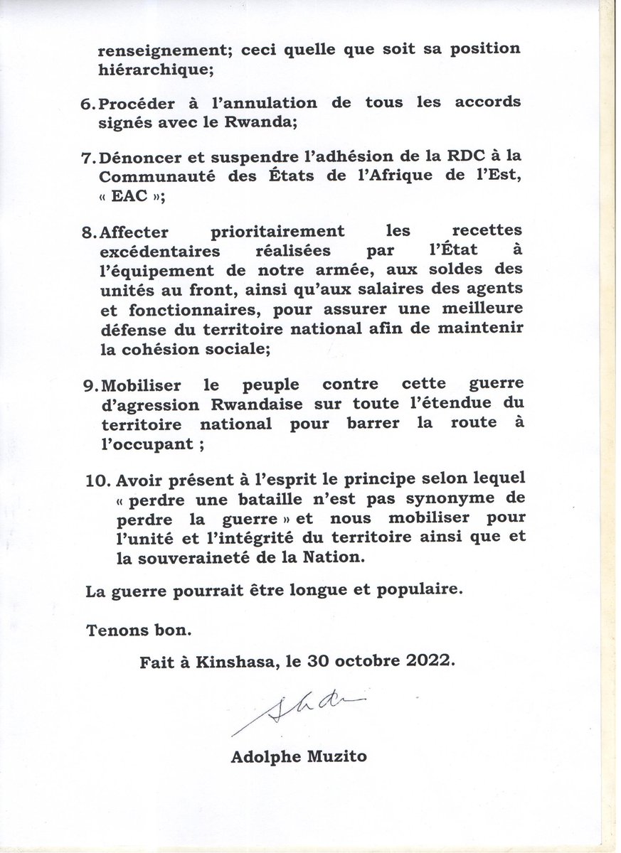 Les 10 recommandations d'Adolphe muzito pour gagner la guerre contre le Rwanda