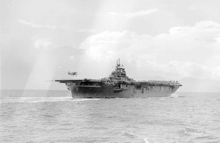 CV-10 USS Yorktown steams full astern as a TBF Avenger lands over the bow, July 1943. 

Though the provision for over-the-bow landing was a design requirement, it was rarely practiced and the bow arresting gear was soon eliminated.

#CV10 #USSYorktown #NavalHistory