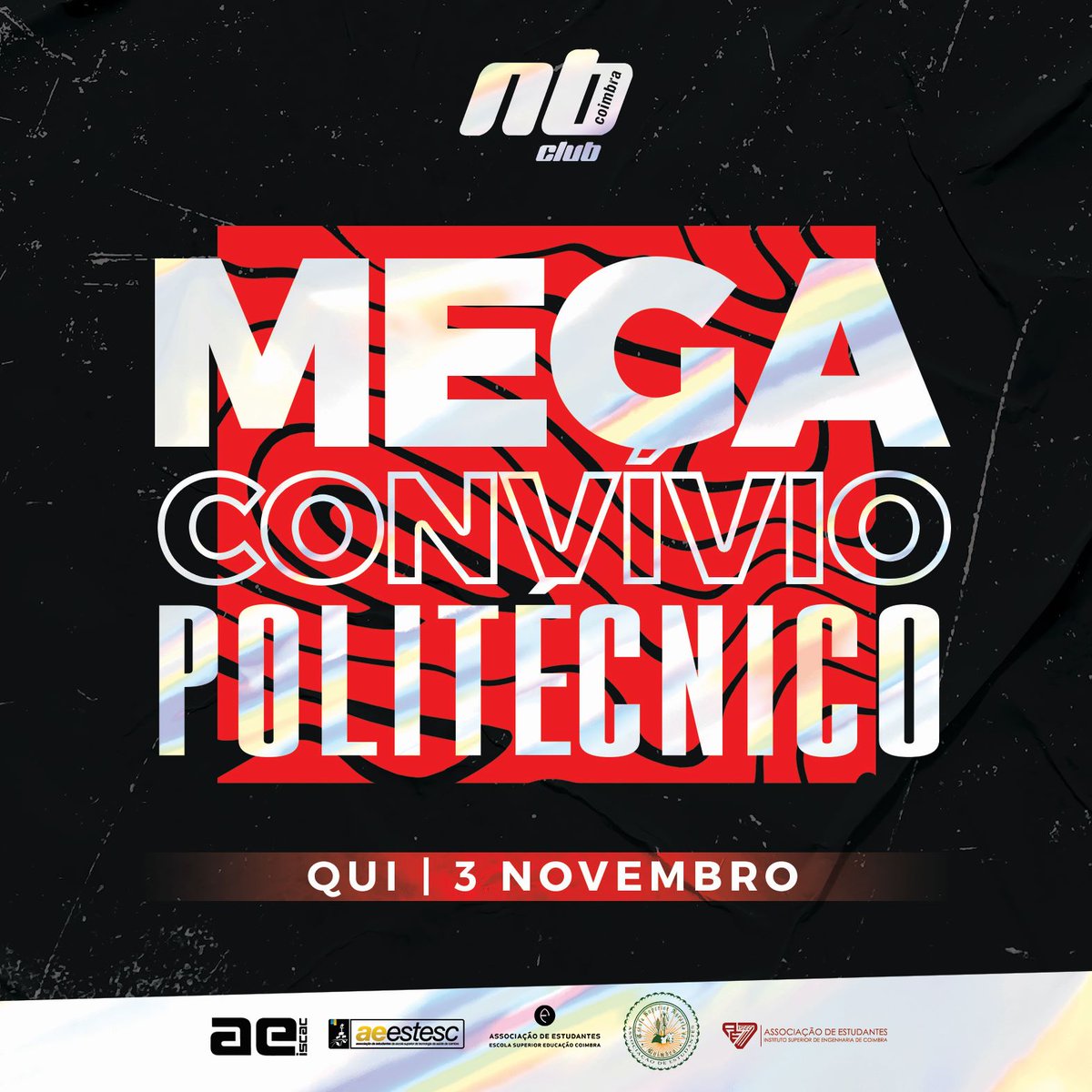 Já tens planos para a próxima quinta académica?
Temos o previlégio de te apresentar o próximo mega convívio de AE's do Politécnico de Coimbra! 🤩🥳

Junta-te a nós para mais uma noite na cidade dos estudantes🔥

Adquire a tua pulseira na AE já amanhã 😉