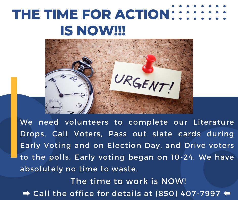 Dear Friends, the time for action is NOW ⬇️ Do what you can to make a difference. Call the Escambia Dems office Monday at 850.407.7997 to volunteer for your opportunity to help #FlipFloridaBlue! 
#CharlieCrist #ValDemmings #AramisAyala #RebekahJones #AdamHattersley #NaomiBlemur