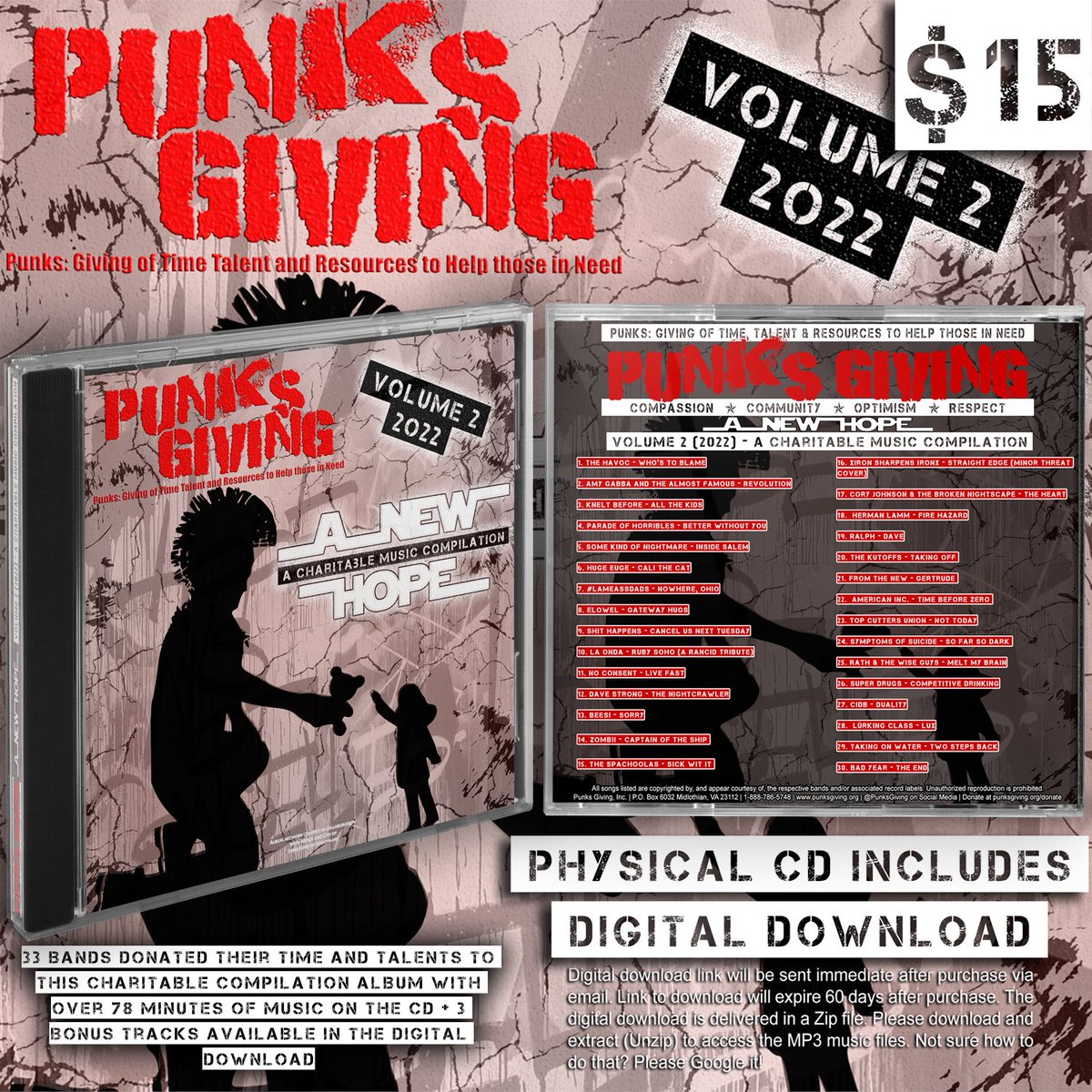 PunksGiving's tweet photo. Punks Giving Volume 2 (2022) "A New Hope" is here! Featuring 30 tracks on the physical CD with 3 additional bonus tracks on the digital download that is available immediately after purchase! Order yours at: https://t.co/WMXUfDWHSS
#PunksGiving #ComplilationAlbum #fundraiser https://t.co/Qr8TIM1Jbd