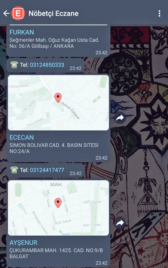 Çok ama çok faydalı bir numara Rehberinize ekleyin, nöbetçi eczane lazım olduğunda WhatsApp'tan bu numaraya konumuzu gönderin. En yakın 3 nöbetçi eczanenin konumu 1 saniyeden az bir sürede konum olarak geliyor.

+908503086278

Yapanların eline sağlık.  Twitter --> @eczanemio