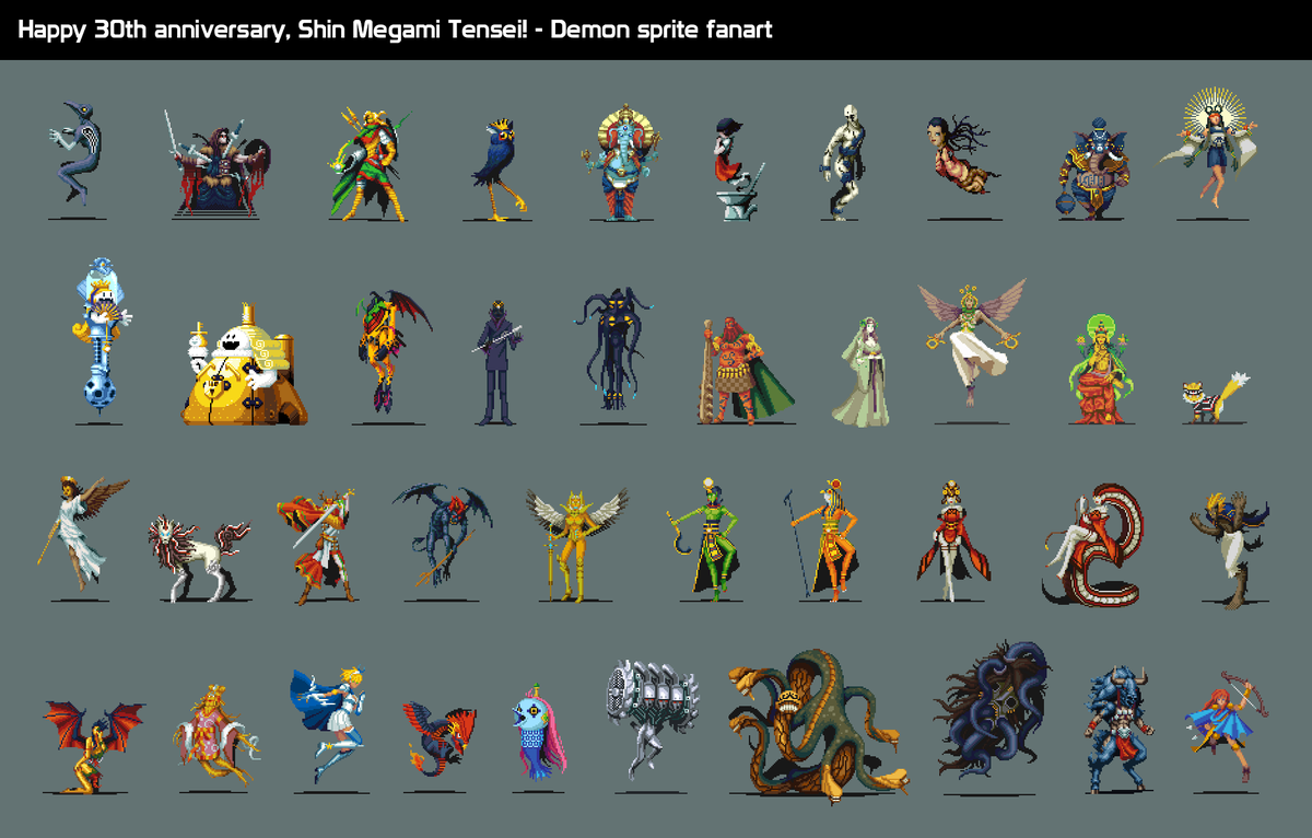 atmaflare's tweet image. Happy 30th anniversary, Shin Megami Tensei!
Don&apos;t have much new stuff to post, so here&apos;s a collection of all demon sprites I&apos;ve made so far 
#ShinMegamiTensei #pixelart #ドット絵 #SMTfans