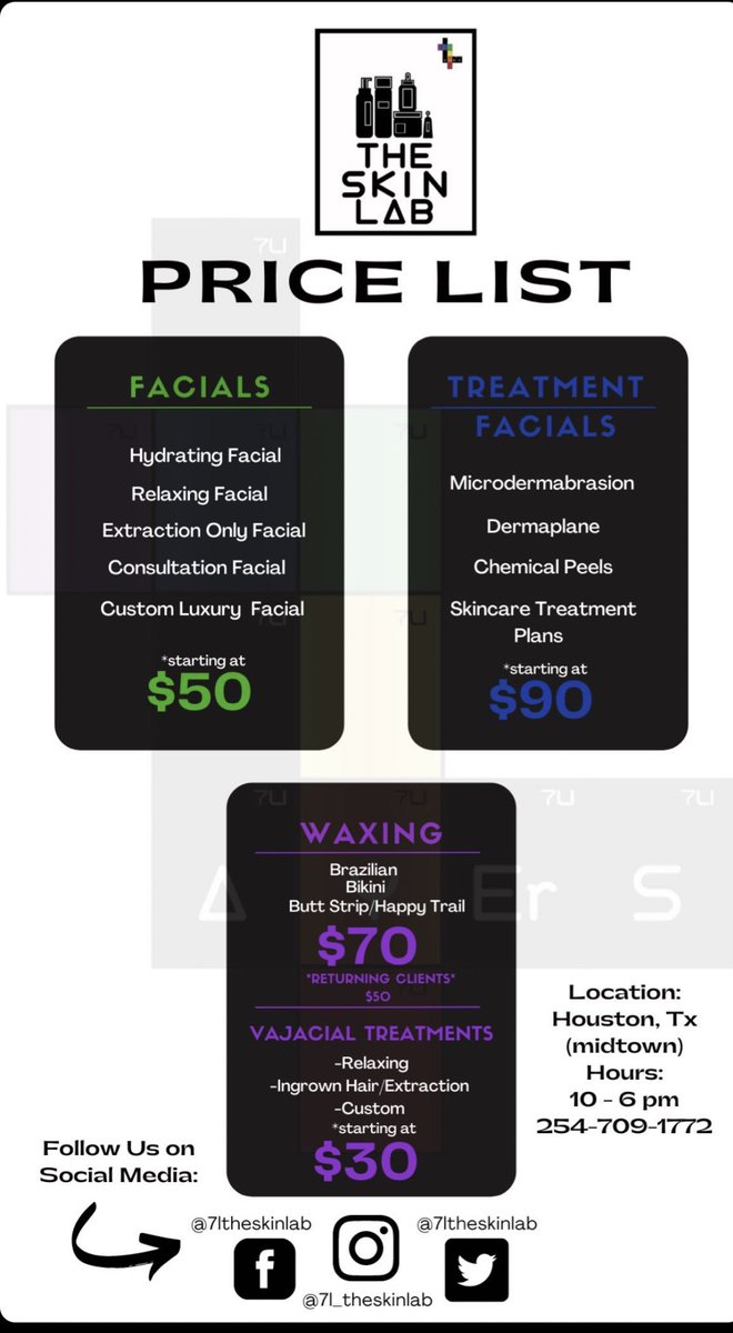 777Layers's tweet image. #HoustonWaxing #HoustonFacials #SelfCare
 TheSkinLab PriceList!
