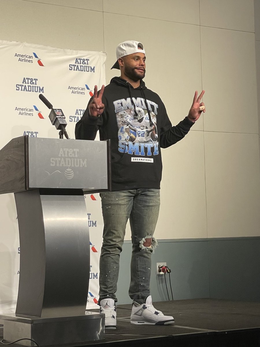 Dak Prescott wearing an Emmitt Smith shirt. Smith was at today's game, the  20th anniversary of him breaking Walter Payton's rushing record