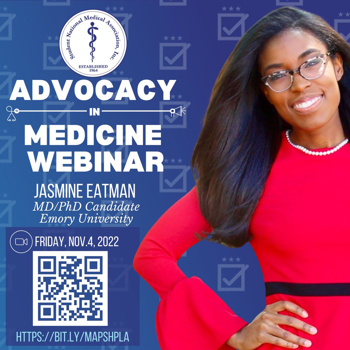 Attention Premedical/Post-baccalaureate Students! 📣
 
Please, come join us for the Advocacy in Medicine Webinar. Learn how voting influences health and why it's important for future physicians to get involved in voting advocacy. Jasmin Eatman, MD/PhD candidate at Emory…